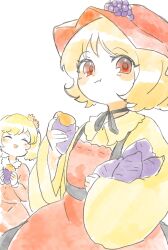 Rule 34 | 2girls, aki minoriko, aki shizuha, apron, blonde hair, blush, closed eyes, closed mouth, collared shirt, food, hair ornament, hat, highres, holding, holding food, leaf hair ornament, long sleeves, multiple girls, open mouth, pom pom (clothes), red apron, red eyes, red headwear, red shirt, red skirt, sanunu36, shirt, short hair, siblings, simple background, sisters, skirt, smile, sweet potato, tokin hat, touhou, white background, wide sleeves, yellow shirt