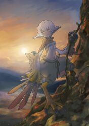 Rule 34 | 1girl, bird legs, bird tail, claws, cliff, climbing, commentary request, cropped shirt, digitigrade, harpy, headband, highres, holding, midriff, monster girl, navel, original, outdoors, pants, plant, reitostudio, short hair, solo, sun, tail, talons, tan, vines, white hair, winged arms, wings, yellow eyes
