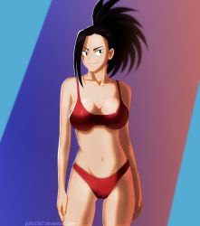 Rule 34 | 1girl, armpits, arms at sides, artist name, bangs pinned back, bare shoulders, barefoot, bikini, black hair, boku no hero academia, breasts, cleavage, closed mouth, collarbone, day, deviantart username, eyelashes, facing viewer, female focus, fingernails, grey eyes, hands on own thighs, happy, huge filesize, large breasts, legs, legs together, long hair, looking at viewer, midriff, multicolored background, navel, neck, outdoors, pollo1567, ponytail, red bikini, simple background, smile, smug, standing, summer, swimsuit, thighs, thong bikini, wide ponytail, yaoyorozu momo