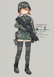 Rule 34 | 1girl, absurdres, assault rifle, black footwear, black thighhighs, boots, brown eyes, brown hair, bullpup, closed mouth, gloves, grey background, gun, highres, knee pads, military, one eye closed, original, qbz-95, rifle, short hair, simple background, solo, standing, thighhighs, twintails, watermark, weapon, weapon request, zhongye yu