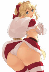 Rule 34 | 1girl, ass, back, bikini, bikini under clothes, blonde hair, blue eyes, blush, breasts, capelet, christmas, elbow gloves, elf, fur trim, gloves, hair between eyes, hair ribbon, hip focus, huge ass, kekemotsu, long hair, looking at viewer, looking back, medium breasts, narrow waist, open mouth, original, pointy ears, ponytail, red ribbon, red skirt, ribbon, sack, santa bikini, sidelocks, simple background, skirt, small breasts, smile, solo, striped clothes, striped thighhighs, swimsuit, thighhighs, wedgie, white background, white bikini, white gloves, wide hips
