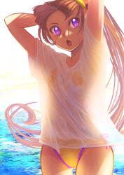 Rule 34 | 1girl, alternate hairstyle, amanogawa kirara, arms behind head, arms up, backlighting, bikini, brown hair, commentary, cowboy shot, day, go! princess precure, hairband, highres, jj (ssspulse), long hair, looking at viewer, no pants, ocean, open mouth, outdoors, ponytail, precure, purple eyes, shirt, short sleeves, side-tie bikini bottom, solo, standing, swimsuit, t-shirt, wet, wet clothes, wet shirt, white shirt, yellow bikini, yellow hairband