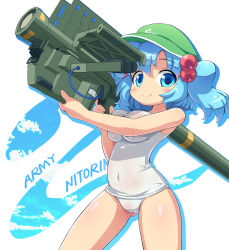 Rule 34 | 1girl, blue eyes, blue hair, blush, breasts, character name, covered navel, female focus, hair bobbles, hair ornament, holding, kawashiro nitori, large breasts, looking at viewer, matching hair/eyes, one-piece swimsuit, rocket launcher, ruku rx, school swimsuit, smile, solo, stinger, swimsuit, touhou, twintails, two side up, weapon, white one-piece swimsuit