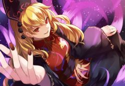 Rule 34 | 1girl, black dress, blonde hair, chinese clothes, dress, eredhen, hat, junko (touhou), long hair, long sleeves, looking at viewer, nail polish, outstretched arm, red eyes, ribbon, sash, smile, solo, space, tabard, touhou, wide sleeves