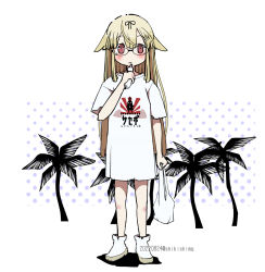 Rule 34 | 1girl, alternate costume, bag, black ribbon, blonde hair, clothes writing, commentary request, dated, full body, hair flaps, hair ornament, hair ribbon, hairclip, highres, kantai collection, long hair, palm tree, plastic bag, red eyes, ribbon, shikishima fugen, shirt, silhouette, solo, tree, twitter username, white background, white footwear, white shirt, yuudachi (kancolle)
