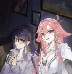 Rule 34 | 2girls, animal ears, black bra, blunt bangs, bra, contemporary, cup, drinking, drinking glass, earrings, formal, genshin impact, glasses, hair between eyes, hair down, hair ornament, headphones, highres, holding, hood, hooded jacket, indoors, jacket, jewelry, kis7908992, long hair, looking at viewer, looking down, mole, mole under eye, multiple girls, necklace, official alternate costume, open clothes, open jacket, open mouth, picture frame, pink hair, purple eyes, purple hair, raiden shogun, raiden shogun (2nd anniversary), sitting, suit, taking picture, underwear, white suit, yae miko, yae miko (2nd anniversary), yuri