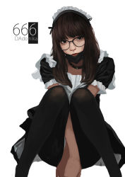 Rule 34 | 1girl, absurdres, apron, arms between legs, between legs, black-framed eyewear, black eyes, black pantyhose, brown hair, character name, collar, dadonika (tony sun), head tilt, highres, lips, long hair, looking at viewer, maid, maid apron, maid headdress, mask, mole, mole under eye, mouth mask, nose, original, pantyhose, puffy short sleeves, puffy sleeves, short sleeves, simple background, sitting, solo, spiked collar, spikes, tony sun, white background