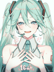 Rule 34 | 1girl, :d, bare shoulders, black sleeves, blue eyes, blush, collarbone, collared shirt, commentary request, detached sleeves, green hair, grey shirt, hair between eyes, hatsune miku, headphones, headset, highres, long hair, long sleeves, looking at viewer, nokuhashi, open mouth, shirt, signature, simple background, sleeveless, sleeveless shirt, smile, solo, sparkle, twintails, upper body, vocaloid, white background