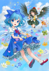 Rule 34 | 2girls, :d, ama-tou, black hair, black wings, blue eyes, blue hair, bow, camera, cirno, hand fan, feathered wings, flower, frills, hair bow, hat, ice, ice wings, mary janes, multiple girls, open mouth, red eyes, shameimaru aya, shoes, short hair, skirt basket, skirt hold, smile, tokin hat, touhou, wings