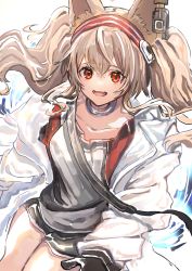 Rule 34 | 1girl, absurdres, angelina (arknights), animal ears, arknights, black gloves, black shorts, brown hair, choker, collarbone, commentary, cowboy shot, earpiece, fox ears, gawako, gloves, grey shirt, hairband, highres, huge filesize, jacket, long hair, looking at viewer, open mouth, red eyes, red hairband, shirt, shorts, shoulder strap, smile, solo, striped clothes, striped hairband, teeth, twintails, upper teeth only, white background, white jacket