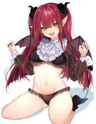 Rule 34 | 1girl, arms up, ass, bare legs, black nails, black socks, bobby socks, breasts, cosplay, demon girl, demon horns, demon tail, fake horns, fake tail, fangs, frills, green eyes, highres, horns, kitagawa marin, long pointy ears, looking at viewer, looking to the side, medium breasts, midriff, nail polish, navel, no shoes, ogai, open mouth, panties, pointy ears, puffy sleeves, red hair, rizu-kyun, rizu-kyun (cosplay), simple background, sitting, smile, socks, solo, sono bisque doll wa koi wo suru, stomach, tail, teeth, thighs, touching ears, twintails, underwear, wariza, white background
