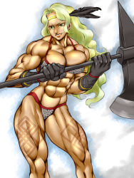 Rule 34 | 1girl, amazon (dragon&#039;s crown), armlet, armor, axe, bikini armor, blonde hair, breasts, circlet, dragon&#039;s crown, dynamite-kit, feathers, gloves, green eyes, halberd, large breasts, long hair, muscular, muscular female, polearm, solo, tattoo, vanillaware, weapon