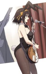 Rule 34 | 1girl, animal ears, bare shoulders, black bow, black bowtie, black leotard, bow, bowtie, breasts, brown eyes, brown hair, brown pantyhose, cleavage, commentary, cowboy shot, detached collar, fake animal ears, fake tail, from side, guitar, hair ribbon, highleg, highleg leotard, highres, holding, holding instrument, instrument, large breasts, leotard, looking afar, microphone, music, official alternate costume, open mouth, orange ribbon, pantyhose, playboy bunny, profile, rabbit ears, rabbit tail, ribbon, short hair, simple background, singing, sketch, solo, standing, strapless, strapless leotard, suzumiya haruhi, suzumiya haruhi no yuuutsu, tail, thighs, white background, white wrist cuffs, wrist cuffs, yanagi marie