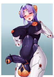 Rule 34 | 1girl, bar censor, blush, bodysuit, breasts, censored, covered erect nipples, futanari, gradient background, highres, huge penis, inverted nipples, large breasts, nipples, open mouth, original, penis, pointless censoring, purple hair, simple background, solo, vuccha