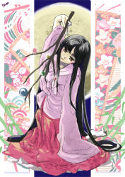 Rule 34 | 1girl, black hair, bow, bowtie, branch, dress, female focus, holding, houraisan kaguya, leaf print, long hair, long sleeves, looking at viewer, moon, red dress, red eyes, sitting, solo, touhou, very long hair, white bow, white bowtie, wide sleeves