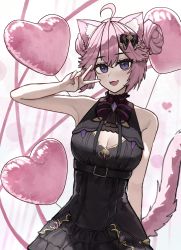 Rule 34 | 1girl, :3, :d, absurdres, ahoge, animal ear fluff, animal ears, arch 05x, arm at side, balloon, bare shoulders, belt, black belt, black bow, black dress, blush, bow, bowtie, breasts, cat ears, cat girl, cat tail, cleavage, cleavage cutout, clothing cutout, commentary, double bun, dress, english commentary, fang, hair between eyes, hair bow, hair bun, hair up, heart, heart balloon, highres, looking at viewer, medium breasts, nail polish, nyatasha nyanners, nyatasha nyanners (6th costume), open mouth, pink hair, pink nails, pink ribbon, purple eyes, ribbon, skin fang, sleeveless, smile, solo, tail, upper body, v, virtual youtuber, vshojo