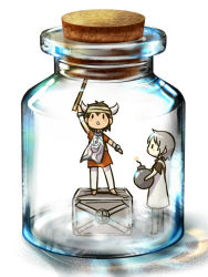 Rule 34 | 1boy, 1girl, barefoot, bomb, bottle, bottle meme (pixiv), box, brown hair, chibi, cork, crate, explosive, glass, horns, ico, ico (character), in bottle, in container, jar, simple background, surcoat, tabard, takitate, white background, white hair, yorda