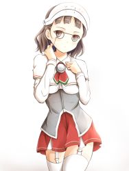 Rule 34 | 10s, 1girl, brown eyes, capelet, contrapposto, cowboy shot, eyewear strap, garter straps, glasses, hand on own chest, headdress, highres, kantai collection, kuroganeruto, looking at viewer, pince-nez, pleated skirt, red skirt, roma (kancolle), round eyewear, short hair, simple background, skirt, solo, standing, thighhighs, white background, white thighhighs, zettai ryouiki