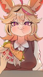 Rule 34 | + +, 1girl, alternate costume, animal ear fluff, animal ears, black hair, blonde hair, breasts, brown cardigan, burger, cardigan, cardigan vest, casual, chewing, closed mouth, eating, fast food, food, food in mouth, food on face, fox ears, fox girl, hair between eyes, hair ornament, highres, holding, holding food, hololive, layered clothes, long hair, looking at viewer, medium breasts, messy hair, multicolored hair, omaru polka, pink hair, purple eyes, shirt, simple background, smile, solo, streaked hair, virtual youtuber, white shirt, yuuppi