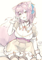 Rule 34 | 1girl, :d, animal ear fluff, animal ears, blue bow, bow, breasts, brown eyes, brown hair, chita (ketchup), cleavage, commentary request, fox ears, fox girl, fox shadow puppet, fox tail, garter straps, grey skirt, grey thighhighs, hair between eyes, hair bow, hand up, highres, large breasts, long hair, looking at viewer, mole, mole on breast, neck ribbon, open mouth, original, puffy short sleeves, puffy sleeves, red ribbon, ribbon, short sleeves, signature, sitting, skirt, smile, solo, tail, thighhighs, white background, wrist cuffs
