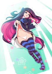 Rule 34 | 10s, 1girl, black hair, blue thighhighs, blunt bangs, bow, breasts, bright pupils, clothes lift, dress, dress lift, full body, green eyes, hair bow, large breasts, long hair, long sleeves, looking at viewer, lying, multicolored hair, navel, no shoes, on back, optionaltypo, panties, panty &amp; stocking with garterbelt, pink hair, solo, star (symbol), stocking (psg), striped clothes, striped thighhighs, thighhighs, third-party edit, two-tone hair, underwear, white panties
