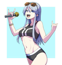 Rule 34 | 1girl, bare shoulders, blue eyes, blue hair, blush, breasts, cleavage, collarbone, cowboy shot, eyewear on head, flint (girls und panzer), girls und panzer, highres, holding, holding microphone, long hair, looking at viewer, medium breasts, microphone, midriff, navel, open mouth, sleeveless, solo, stomach, sunglasses, swimsuit, teeth, tongue, underboob, yougata