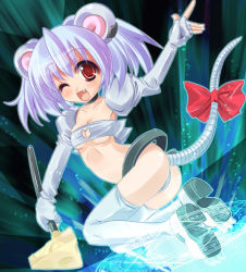 Rule 34 | animal ears, ass, blue hair, bow, gloves, maki (seventh heaven maxion), midriff, mouse ears, original, red eyes, solo, tail, thighhighs