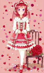 Rule 34 | 10s, 1girl, artist request, blush, bouquet, dress, elbow gloves, female focus, flower, garter straps, gloves, hiro9779, looking at viewer, love live!, love live! school idol festival, love live! school idol project, nishikino maki, purple eyes, red dress, red flower, red hair, red rose, red theme, ribbon, rose, solo, striped ribbon, swept bangs, thighhighs, tiara, white dress, white gloves, white thighhighs