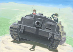 Rule 34 | 3girls, blonde hair, blue eyes, brown eyes, brown hair, caesar (girls und panzer), caterpillar tracks, cloud, commentary request, day, erwin (girls und panzer), girls und panzer, grass, hat, hill, isobe noriko, looking to the side, military, military vehicle, motor vehicle, multiple girls, ooarai military uniform, scarf, short hair, smile, sturmgeschutz iii, tank, tank destroyer, traditional media, type 89 i-gou, vent arbre