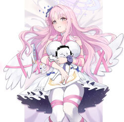 Rule 34 | 1boy, 1girl, absurdres, angel wings, blue archive, blush, breasts, crescent, crescent pin, doodle sensei (blue archive), dress, feathered wings, feet out of frame, flower, hair bun, hair flower, hair ornament, halo, highres, inapple, large breasts, long hair, mika (blue archive), open mouth, pantyhose, pink hair, pink halo, purple flower, sensei (blue archive), single side bun, sleeveless, sleeveless dress, white dress, white pantyhose, white wings, wings, yellow eyes