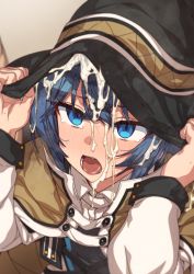 Rule 34 | 1girl, ahoge, blue eyes, blue hair, blush, bukkake, cum, cum in clothes, cum in container, cum in headwear, cum on body, cum on hair, cum on upper body, erere, facial, hair between eyes, hat, holding, holding clothes, holding hat, long hair, mushoku tensei, open mouth, roxy migurdia, simple background, solo, witch hat