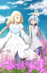 Rule 34 | 2girls, blonde hair, blue dress, blue eyes, blue hair, creature, dress, eve (gundam build divers re:rise), flat chest, floating hair, flower, gundam, gundam build divers, gundam build divers re:rise, hair between eyes, highres, holding hands, light blush, long hair, looking at another, looking back, low-tied long hair, molly (gundam build divers), multiple girls, open mouth, sara (gundam build divers), short bangs, sky, twintails, very long hair, walking, white dress, yorugami rei