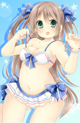 Rule 34 | 1girl, armpits, arms up, bare shoulders, bikini, bikini skirt, breasts, brown hair, chestnut mouth, cleavage, frills, green eyes, hair ribbon, kuroneko0202, long hair, looking at viewer, medium breasts, open mouth, original, plump, ribbon, simple background, solo, swimsuit, twintails, two side up, very long hair, white bikini, wide hips