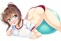 Rule 34 | 1girl, all fours, arched back, ass, ball, blouse, blue eyes, blush, breast press, breasts, brown hair, buruma, butt crack, crop top, exercise ball, full-face blush, gym uniform, kazuma (kazumav), long hair, lowleg, lying, midriff, on stomach, open mouth, original, ponytail, shirt, simple background, solo, spread legs, sweat, top-down bottom-up, very long hair, white background, white shirt