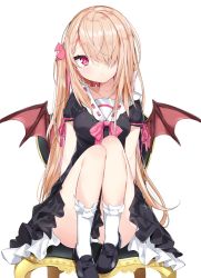 Rule 34 | 1girl, bat wings, black dress, black footwear, blush, bow, breasts, brown wings, chair, closed mouth, clothes between thighs, commentary, dress, hair over one eye, head tilt, highres, kamioka shun&#039;ya, knees up, light brown hair, loafers, long hair, medium breasts, on chair, one side up, original, panties, pink bow, ribbon-trimmed dress, ribbon trim, shoes, short sleeves, simple background, sitting, socks, solo, symbol-only commentary, underwear, very long hair, white background, white panties, white socks, wings