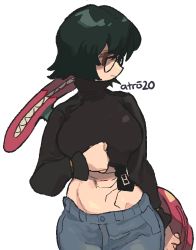 Rule 34 | 1girl, absurdres, black hair, black shirt, blue pants, breasts, cowboy shot, denim, expressionless, female focus, glasses, highres, hunter x hunter, jeans, large breasts, midriff, navel, pants, profile, shirt, shizuku murasaki, short hair, signature, simple background, solo, spider tattoo, tattoo, turtleneck, vacuum cleaner, white background, whoopsatro
