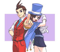 Rule 34 | 1boy, 1girl, ace attorney, antenna hair, apollo justice, apollo justice: ace attorney, belt, blue eyes, blue headwear, blue necktie, bracelet, brown eyes, brown hair, cape, closed mouth, collared shirt, dress, earrings, formal, gloves, hand on own hip, hat, holding, holding clothes, holding hat, jewelry, lcageki, looking at viewer, magician, male focus, necktie, open mouth, pants, pointing, pointing at viewer, red pants, red vest, shirt, short hair, smile, suit, top hat, trucy wright, vest, white gloves, white shirt