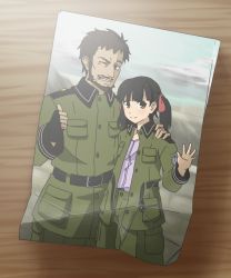 Rule 34 | 1boy, 1girl, age difference, beard, black hair, brown eyes, cigarette, claus (sora no woto), facial hair, fingerless gloves, gloves, hair ribbon, hand on shoulder, height difference, highres, military, military uniform, one eye closed, orz (orz57), photo (object), ribbon, short hair, short twintails, sora no woto, suminoya kureha, twintails, uniform, waving, wink
