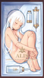 Rule 34 | 1girl, black choker, bottle, box, breasts, choker, closed eyes, closed mouth, completely nude, doll joints, english text, highres, hugging own legs, in box, in container, joints, kakinomai, long hair, no nipples, nude, original, sidelocks, small breasts, solo, syringe, white hair