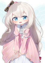 Rule 34 | 1girl, black bow, blue eyes, blush, bow, braid, commentary request, commission, cowboy shot, dress, grey hair, hair bow, highres, kokone (coconeeeco), long hair, long sleeves, looking at viewer, low twin braids, open mouth, original, pink dress, pink headwear, red bow, sideways hat, skeb commission, sleeves past wrists, solo, twin braids, very long hair