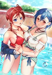 Rule 34 | 2girls, artist request, bare shoulders, blue eyes, blue hair, breasts, cleavage, highres, looking at another, love live!, love live! superstar!!, medium breasts, multiple girls, orange eyes, red hair, swimsuit, wakana shiki, yoneme mei