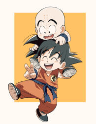 2boys :d ^_^ aged_down aonagi_minami bald black_eyes black_footwear black_hair blue_sash blush carrying child closed_eyes commentary_request dougi dragon_ball dragon_ball_(classic) facial_mark forehead_mark highres kuririn laughing male_focus multiple_boys open_mouth orange_pants outstretched_arm pants sash shoes short_hair shoulder_carry simple_background smile son_goku spiked_hair standing teeth two-tone_background upper_teeth_only v white_background wristband yellow_background