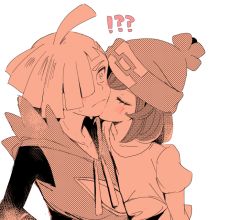 Rule 34 | !?, 1boy, 1girl, ahoge, atsumi yoshioka, beanie, blush, closed eyes, closed mouth, collarbone, commentary request, creatures (company), eyelashes, frown, game freak, gladion (pokemon), hair over one eye, hat, hetero, hood, hood down, hoodie, kiss, nintendo, pokemon, pokemon sm, selene (pokemon), shirt, short hair, short sleeves, surprised, tied shirt, upper body