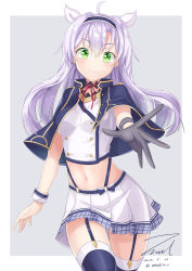 Rule 34 | 1girl, 2017, asymmetrical gloves, bad id, bad pixiv id, blue capelet, blue hairband, blue thighhighs, bow, capelet, cowboy shot, floating hair, garter straps, gloves, green eyes, grey gloves, hair between eyes, hair bow, hairband, head tilt, highres, long hair, looking at viewer, midriff, miniskirt, navel, neck ribbon, outstretched arm, pleated skirt, red ribbon, ribbon, rokudenashi majutsu koushi to akashic record, shirt, signature, silver hair, single glove, sistine fibel, skirt, sleeveless, sleeveless shirt, smile, solo, standing, stomach, suspender skirt, suspenders, thighhighs, unel, uneven gloves, uniform, v-shaped eyebrows, very long hair, white bow, white shirt, white skirt, wrist cuffs