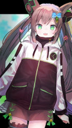 Rule 34 | 1girl, :d, animal ears, black jacket, blue bow, bow, brown hair, brown skirt, chigusa hana, eyebrows hidden by hair, flower, fox ears, green eyes, hair bow, headphones for animal ears, heart, highres, hood, hood down, hooded jacket, jacket, letterboxed, long hair, long sleeves, looking at viewer, open mouth, paryi project, pleated skirt, puffy long sleeves, puffy sleeves, red flower, sidelocks, skirt, sleeves past wrists, smile, solo, tomozero, twintails, very long hair, virtual youtuber