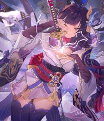 Rule 34 | 1girl, armor, braid, breasts, bridal gauntlets, cleavage, closed mouth, dutch angle, electricity, flower, genshin impact, glass, hair ornament, holding, holding sword, holding weapon, human scabbard, japanese clothes, katana, kimono, large breasts, long hair, long sleeves, looking at viewer, mitsudomoe (shape), mole, mole under eye, nail polish, purple eyes, purple flower, purple hair, purple nails, raiden shogun, ribbon, rokacy, sash, shoulder armor, solo, sword, thighhighs, tomoe (symbol), weapon, wide sleeves
