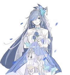 Rule 34 | 1girl, artist name, bare shoulders, bird, bird hair ornament, blue bird, blue eyes, blue flower, blue hair, bow, closed mouth, dress, earrings, flower, fu hua, fu hua (azure empyrea), fu hua (cerulean court), grey hair, hair bow, hair ornament, hair over one eye, halter dress, halterneck, holding, holding flower, honkai (series), honkai impact 3rd, jewelry, long hair, looking at viewer, multicolored clothes, multicolored dress, official alternate costume, sho 2nini, simple background, single earring, sleeveless, sleeveless dress, smile, solo, thigh bow, thighhighs, wedding dress, white background, white bow, white dress, white thighhighs