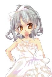 Rule 34 | &gt;:o, 10s, 1girl, :o, alternate costume, alternate hairstyle, bad id, bad pixiv id, blush, bow, dress, earrings, frilled dress, frills, grey hair, hair bow, hands on own hips, jewelry, kanori, kantai collection, kasumi (kancolle), long hair, necklace, open mouth, ponytail, simple background, solo, strapless, strapless dress, v-shaped eyebrows, wedding dress, white background, white bow, white dress, yellow eyes
