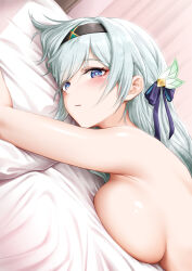 Rule 34 | 1girl, arm up, armpit crease, armpits, black hairband, blue eyes, blue pupils, blush, breast press, breasts, chinese commentary, commentary request, dutch angle, firefly (honkai: star rail), from side, green hair, hair ornament, hairband, head on pillow, highres, honkai: star rail, honkai (series), indoors, large breasts, long hair, looking at viewer, looking to the side, lying, nude, on bed, on stomach, parted lips, royboy, sideboob, solo
