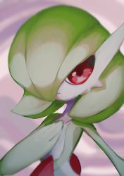 Rule 34 | 1girl, bob cut, closed mouth, collarbone, colored skin, creatures (company), female focus, flat chest, game freak, gardevoir, gen 3 pokemon, green hair, green skin, hair over one eye, hand on own chest, hand up, highres, kanoi 70, looking at viewer, multicolored skin, nintendo, one eye covered, pokemon, pokemon (creature), purple background, red eyes, short hair, simple background, solo, two-tone skin, upper body, white skin